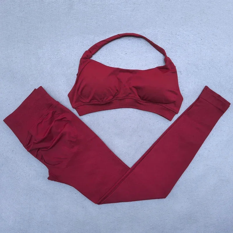 Gym Set 2pcs Women Backless Yoga Bra Top Workout Scrunch Pants Sports Suit Fitness Clothes Seamless Outfits Yoga Leggings