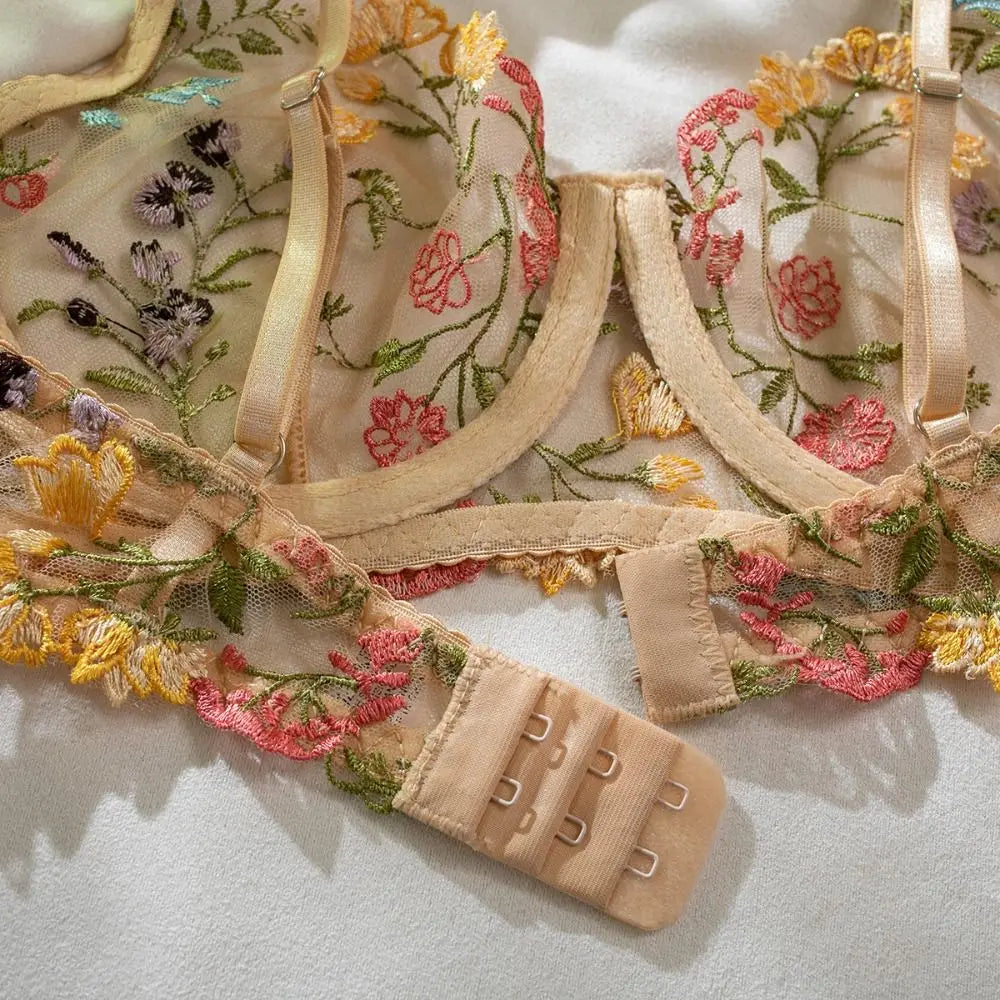 2-Piece Versatile Floral Lingerie Set Embroidery Sheer Boho Bra Panty Set Intimates
