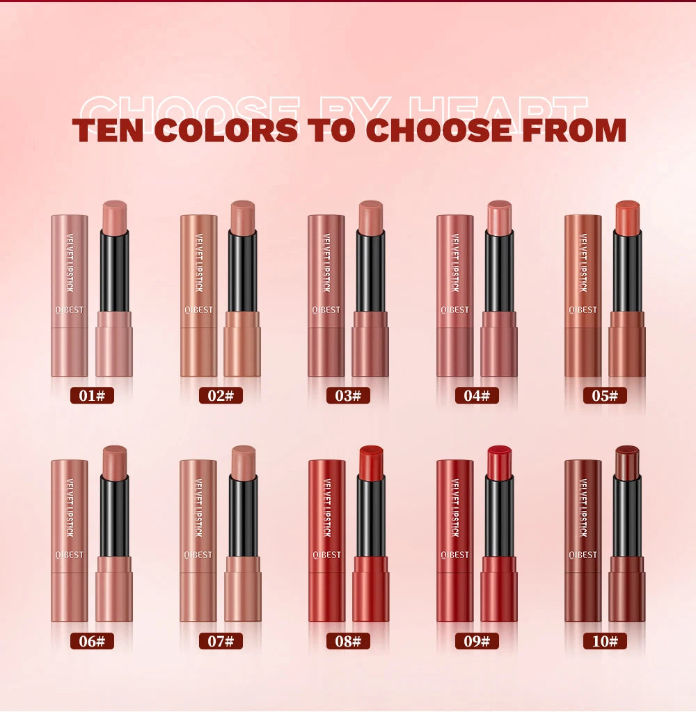 QIBESTNatural Velvet Matte Lipstick Long-lasting 10 Color Lip Stain Lightweight Moisturizing Lip Balm Women Makeup New Lip Tint