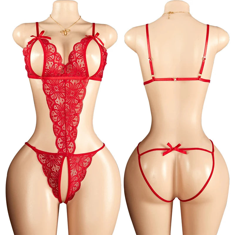 Female Sexy Lingerie Mesh Lace Floral Print Bra Set Teddy Crotchless Bodysuits For Plus Size Women Erotic Open Bra Underwear Set