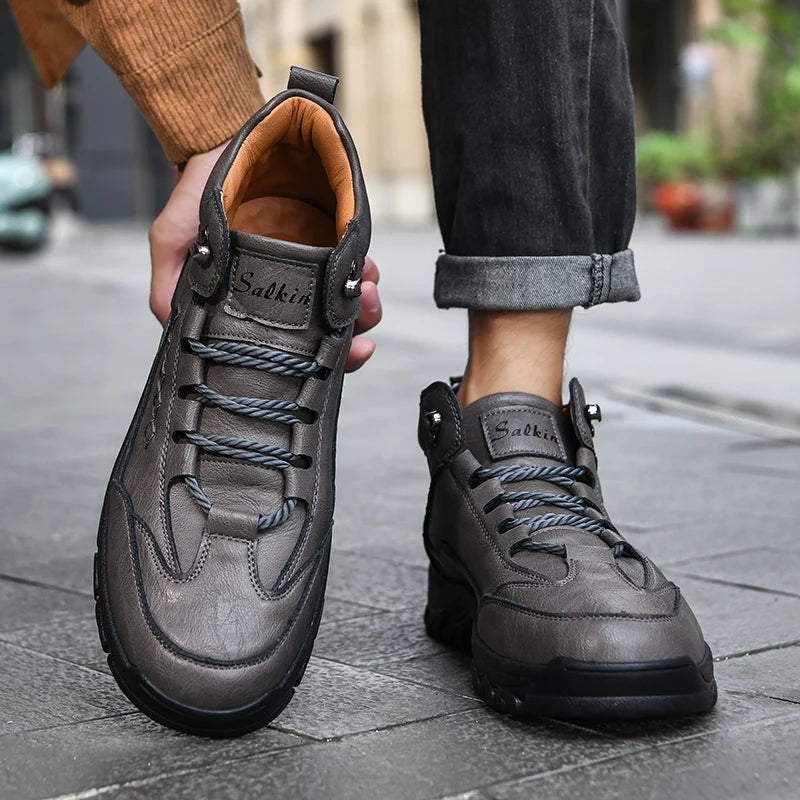 Men's High-Top Round-Toe Fashion Boots Lace-Up Outdoor Hiking Shoes Spring/Fall Thick-Sole Casual Oversized Men's Shoes