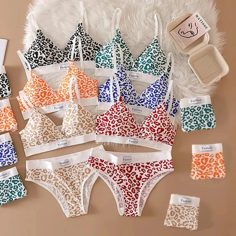 1/2/3/4Set Women Seamless Bra Set Low Waist Panties Leopard Bralette Sexy Vneck Sport Brassiere Female Cotton Underwear Set