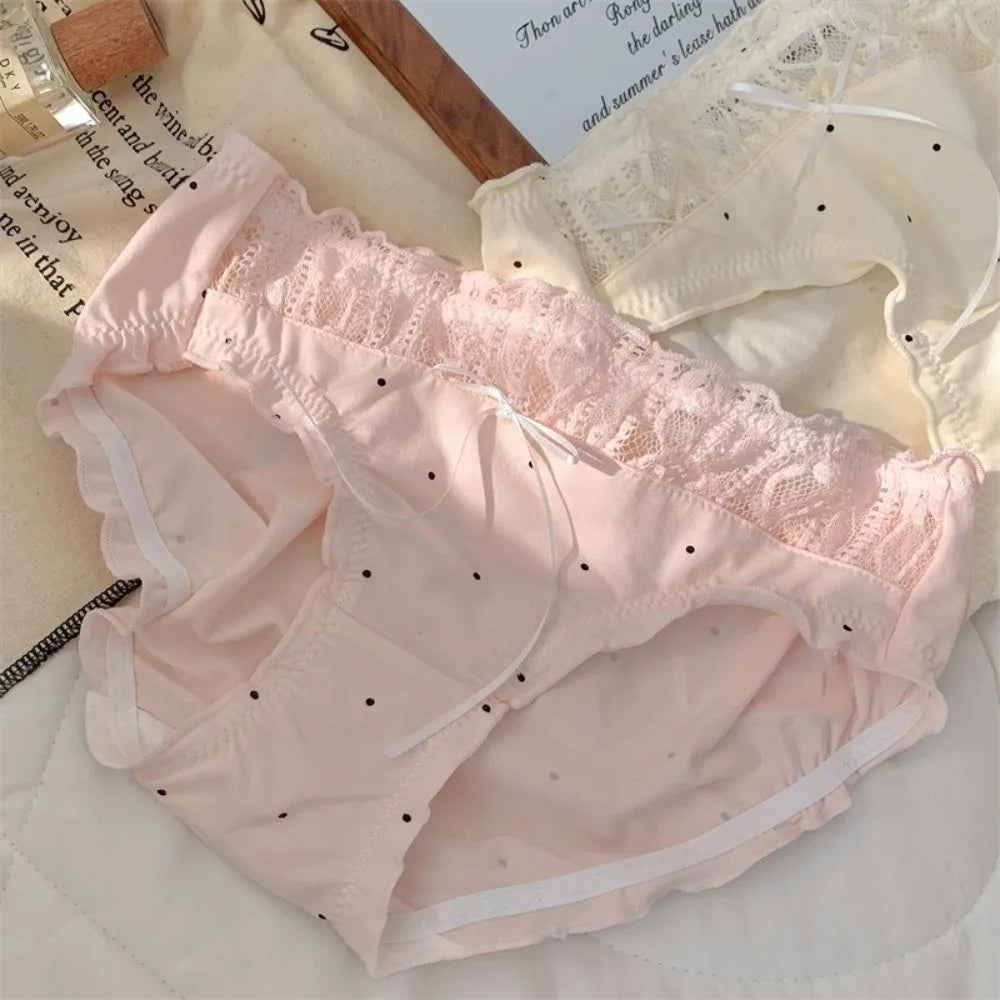 Lingerie Mid-waist Underwear Women Ruffle Patchwork Cotton Bow Briefs Dots Underpants Sweet Panties Summer