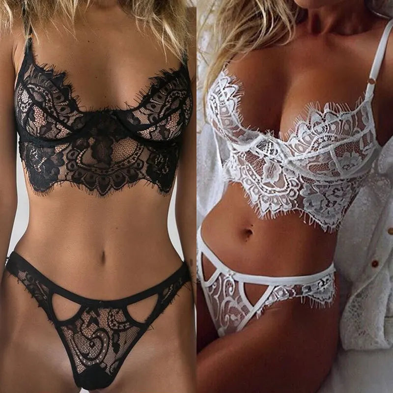 Sexy Lace Bra Set 2 Pieces Transparent Lace Floral Underwear Set Short Skin Care Push Up Bra Panty Suit Erotic Lingeries Sets