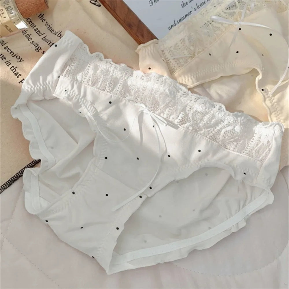 Lingerie Mid-waist Underwear Women Ruffle Patchwork Cotton Bow Briefs Dots Underpants Sweet Panties Summer