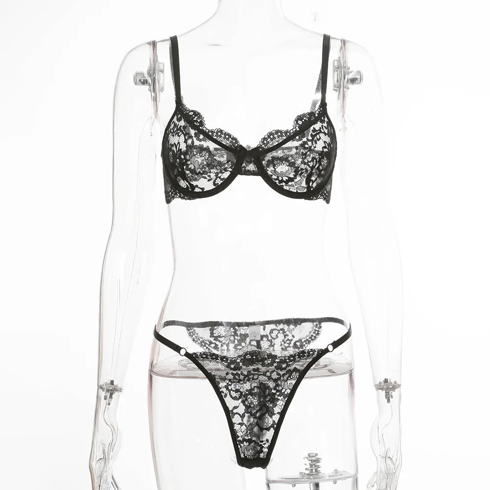 Bra for Women Bra and Panty Set Thongs Push-up Sexy Lingeire Eroitc Underwear Transparent Lace Belt Steel Ring Three-point Set