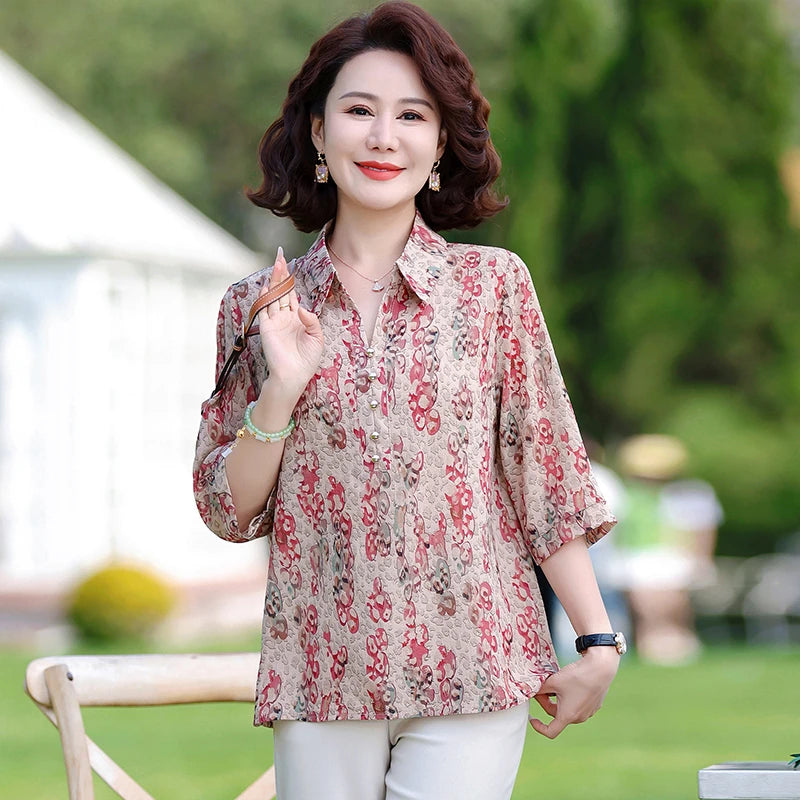 Summer Plus Size Shirt For Women's 2025 Printed Loose Top Mulberry Silk Blended Vacation Work Women's Clothing