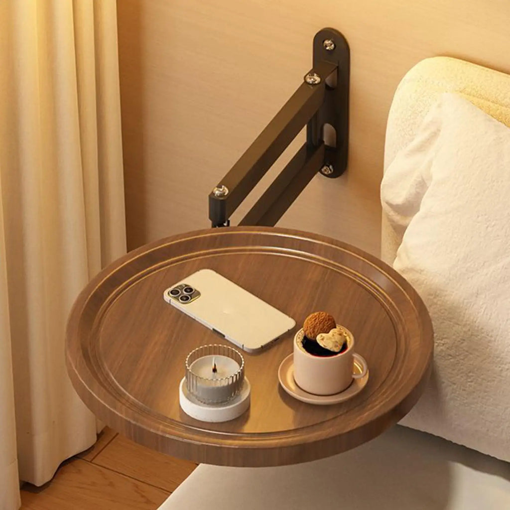 Folding Wall Table For Bed Retractable Wall-Mounted Desk Small Round Desk Wall Mounted tray Rotatable Bedside Storage Holder