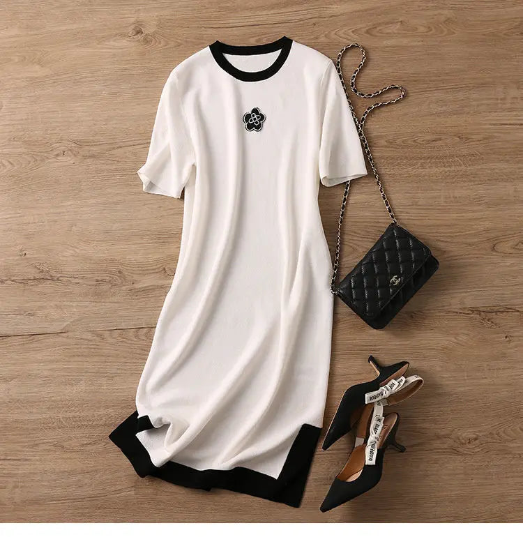 Summer Dresses Ladies 2023 Luxury Designer Rose Embroidery Split T shirt Long Ice Silk Straight Maternity Dress Women's Clothing