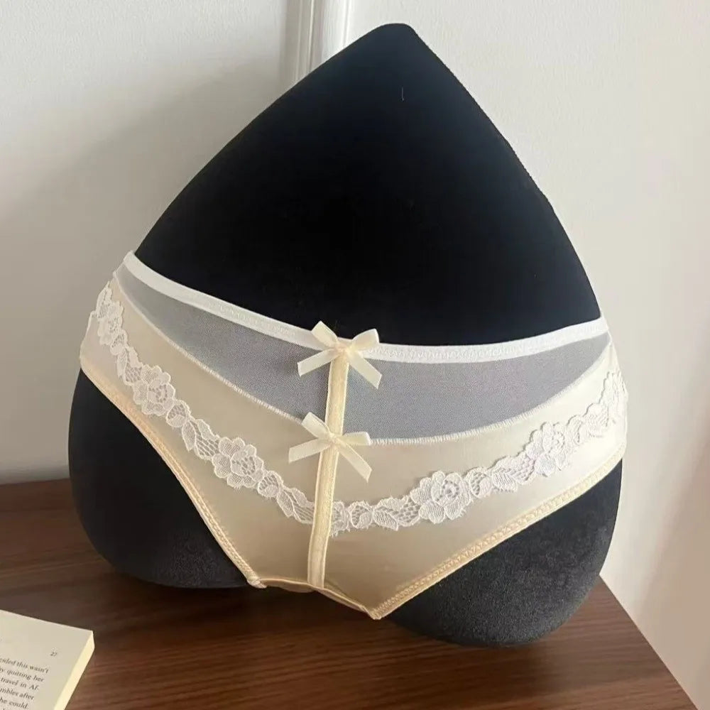 Lingerie Bow Lace Flower Panties Seamless Transparent Underwear for Women Patchwork Mid Waist Mesh Lace Briefs Girl