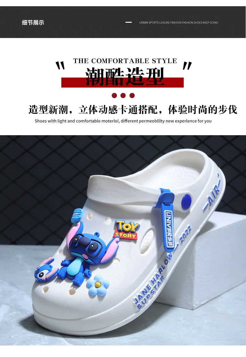 Stitch Cave Shoes 2024 Summer New Ins Trendy Outerwear Versatile Anti slip Thick Bottom Beach Headover Slippers for Men