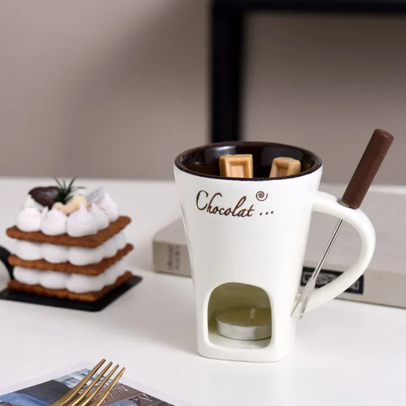 130ML European Candle Cup Cheese Chocolate Melting Ceramic Mug Heating Food Ceramic Mug with Fork Creative Coffee Mug Tableware