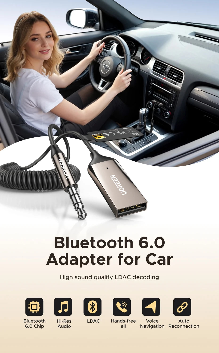 UGREEN Bluetooth 6.0 5.4 Handsfree Adapter Bluetooth 3.5mm AUX Music Navigation Streaming Microphone for Calls Car