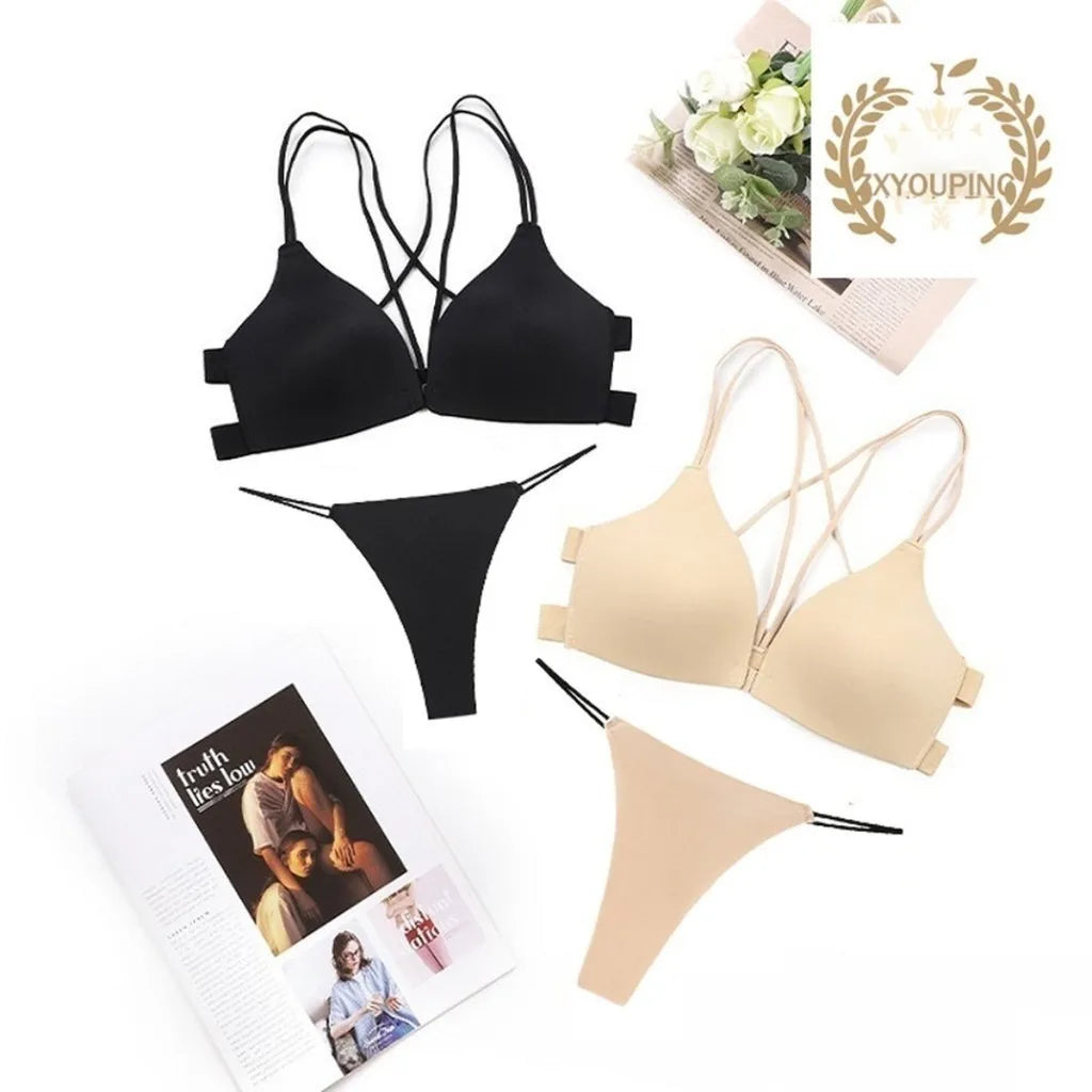 ZXYOUPING Women Bra and Panty Set, Front Button Push-up Bra, Sexy Thong Underwear Set, Seamless Bra and Panty Set Without Wires