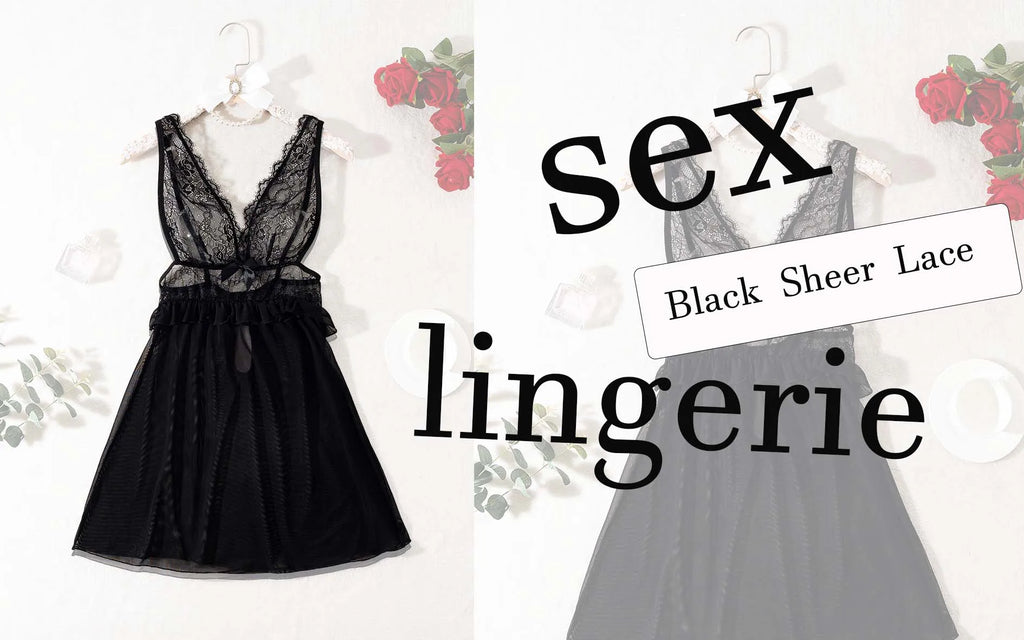 Sexy transparent black lingerie, women's lace nightgown,women's sexy sleeveless nightgown with mesh fabric, V-neckline.lingerie