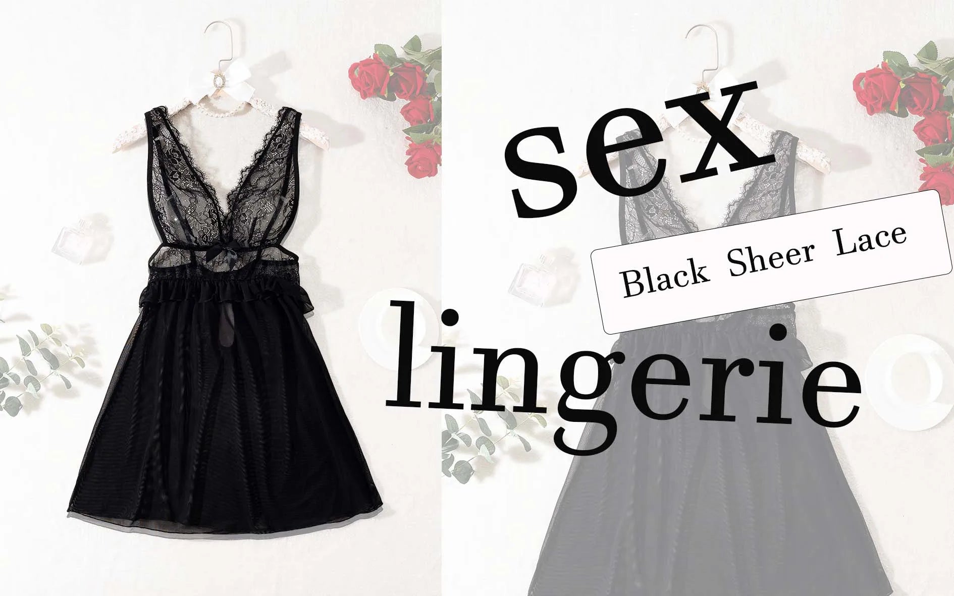 Sexy transparent black lingerie, women's lace nightgown,women's sexy sleeveless nightgown with mesh fabric, V-neckline.lingerie