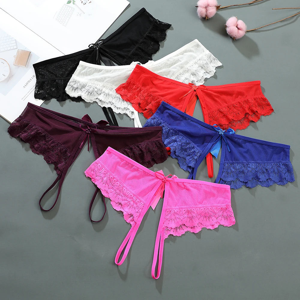 Sexy Female Llingerie  Sexy Lingerie Women's Panties Crotch Opening Transparent G-strings Thongs Hollow Out Solids Bowknot Under