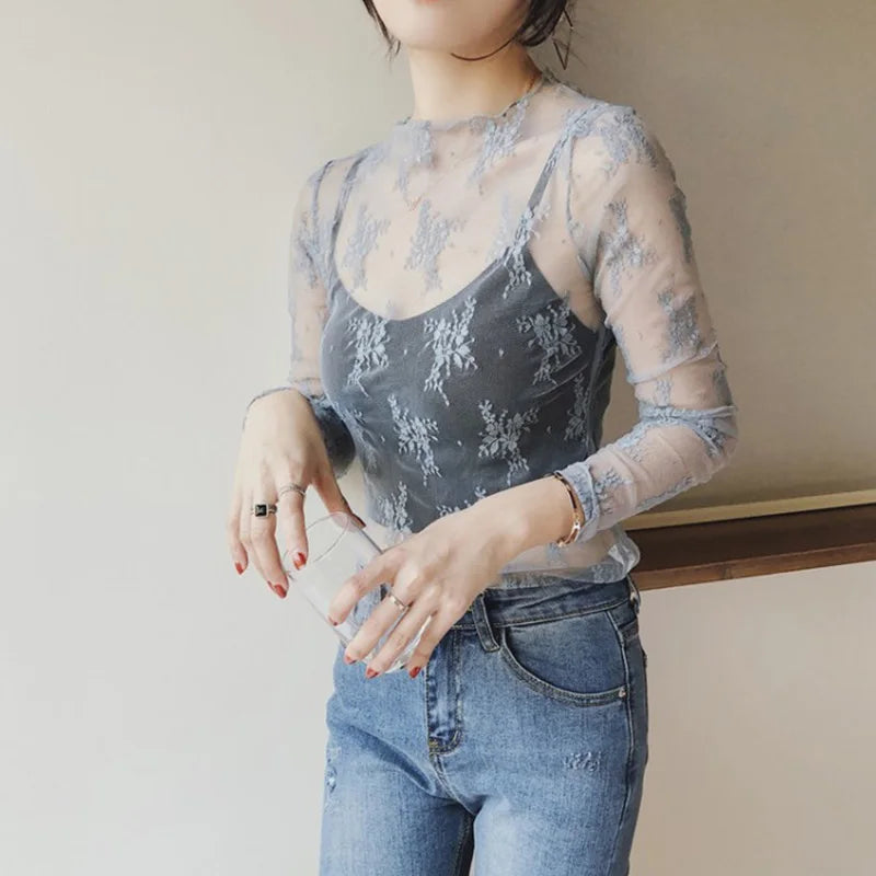 Summer Women Lace Floral Embroidery Blouses Shirt Ladies tops Sexy mesh Blouses Transparent Elegant See-through Black Shirt