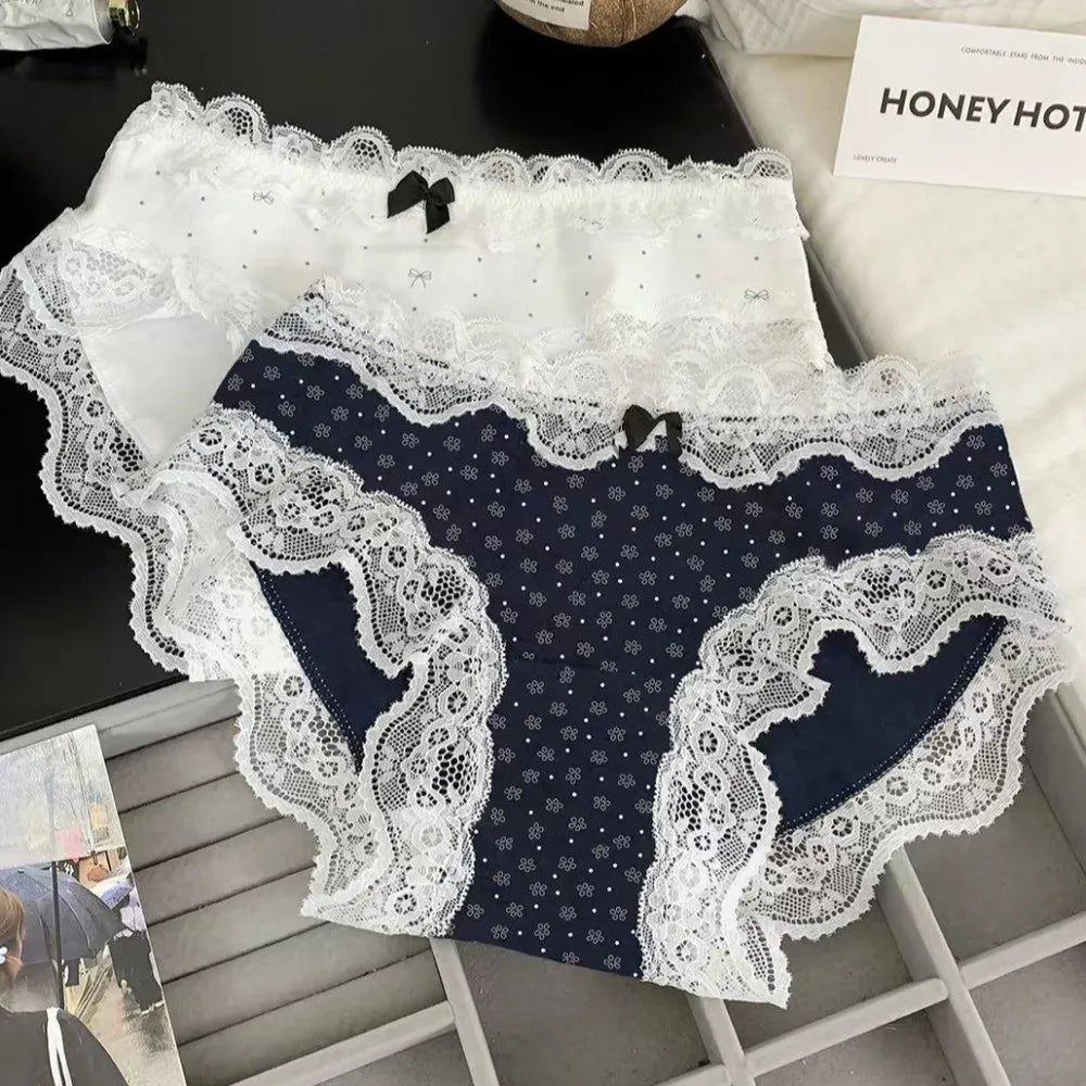 Lingerie Mid Waist Sweet Lace Panties Tulip Bow Underwear for Women Polka Dot Grid Floral Cotton Pnaties Female