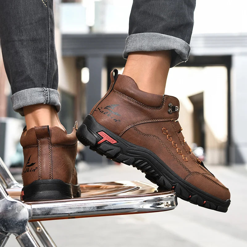 Men's High-Top Round-Toe Fashion Boots Lace-Up Outdoor Hiking Shoes Spring/Fall Thick-Sole Casual Oversized Men's Shoes