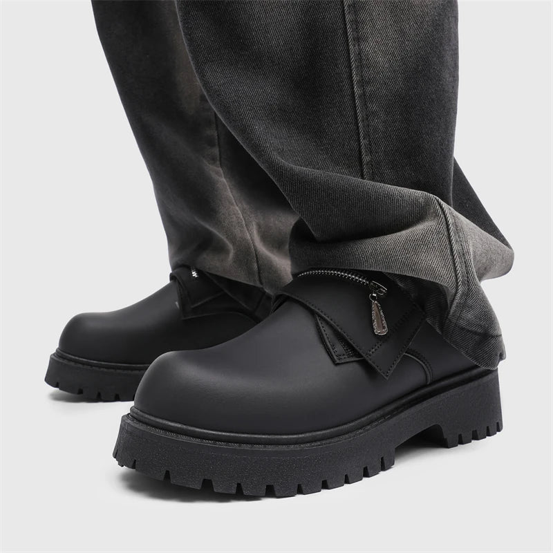 Men's Leather Shoes:Chunky-Soled Zipper Derby Shoes-Style Wide-Toe Casual Loafers#Business British Formal Luxury Black Driving46
