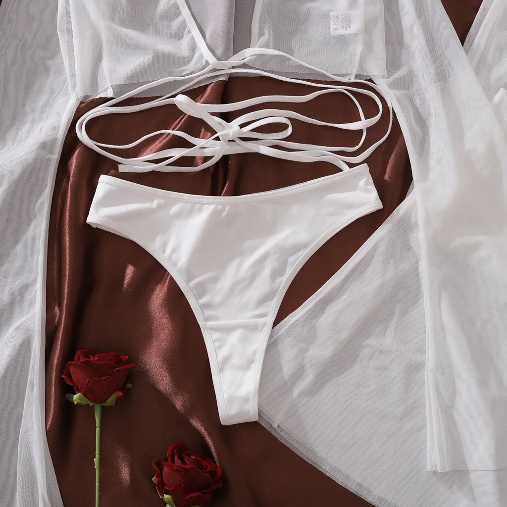 New Comfortable Perspective Mesh Bra Pants Suit Women's Sexy White Body Shaping Underwear Female Pure Desire Cover Up Split Set
