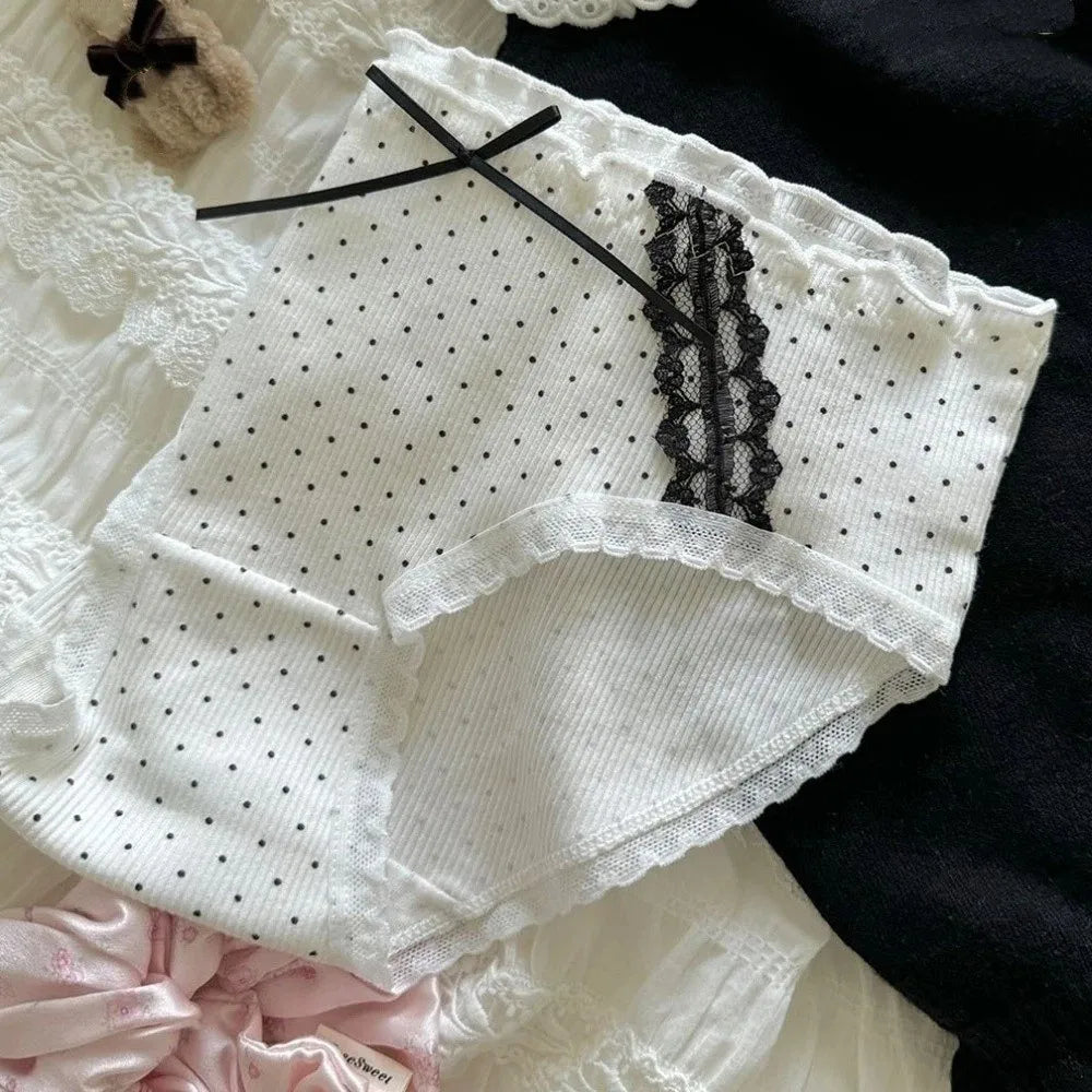 Lingerie Mid-waist Underwear for Women Ruffle Stripe Sweet Cotton Panties Underpants Dots Bow Briefs Girl