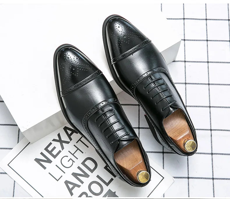 Men's Dress Shoes Red Sole Leather Shoes Pointed Party Shoe Lace-up Office Oxfords Casual Wedding Shoe Retro Business Men Shoes