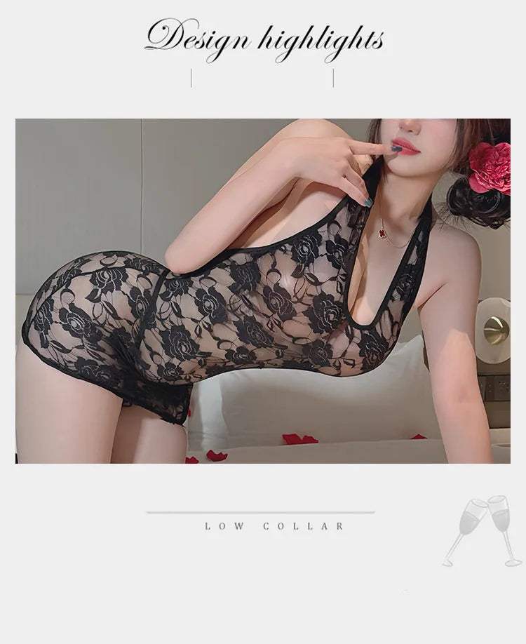Lingerie dress Lace perspective seductive neck hanging revealing chest tight fitting hip hugging dress fetish latex sexy outfits