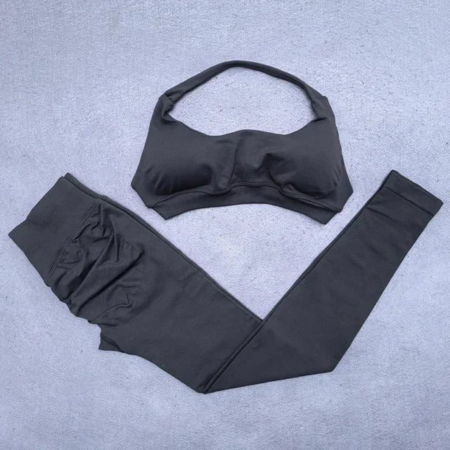 Gym Set 2pcs Women Backless Yoga Bra Top Workout Scrunch Pants Sports Suit Fitness Clothes Seamless Outfits Yoga Leggings