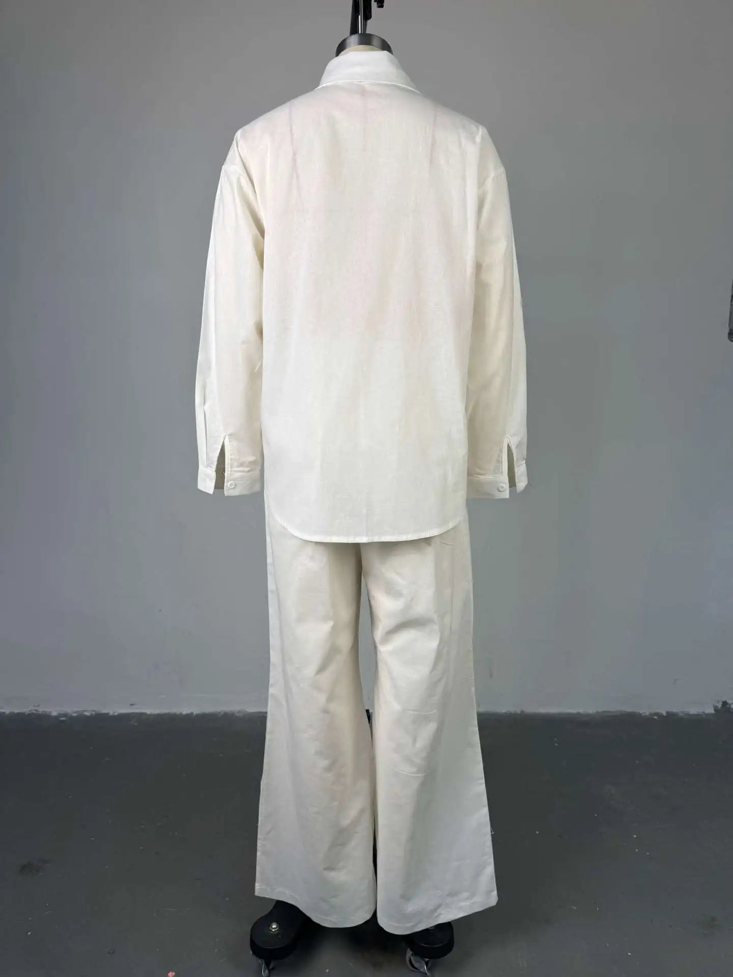 Pant Set Women Two Piece Sets Beaded Turn Down Collar Full Sleeve Shirt Single Breasted Wide Leg Long Pants Elastic Waist 2026