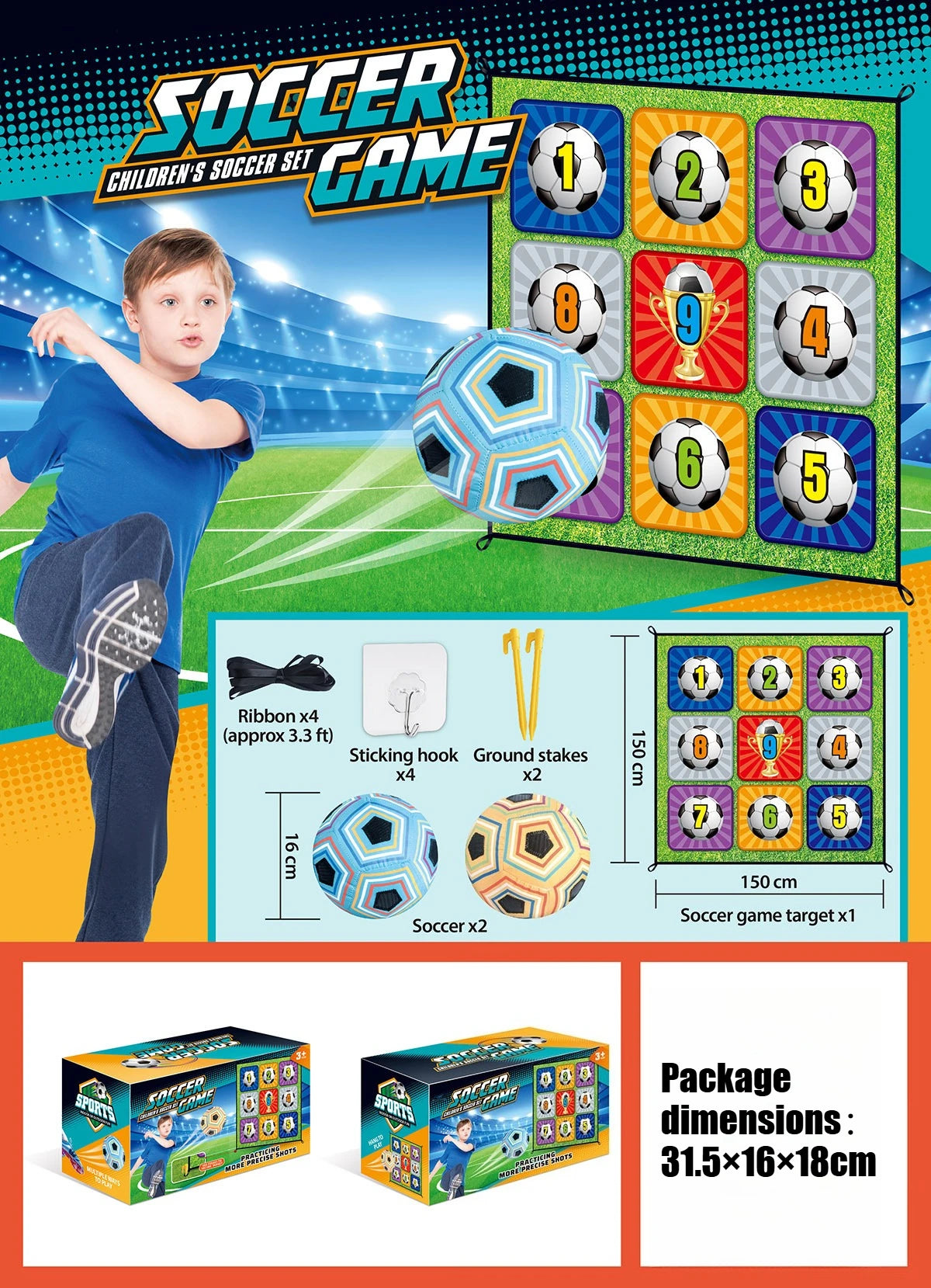 150CM Kids Football Game Set Indoor Outdoor Training Game Mat with Target Areas Practice Shoot Gifts for Children