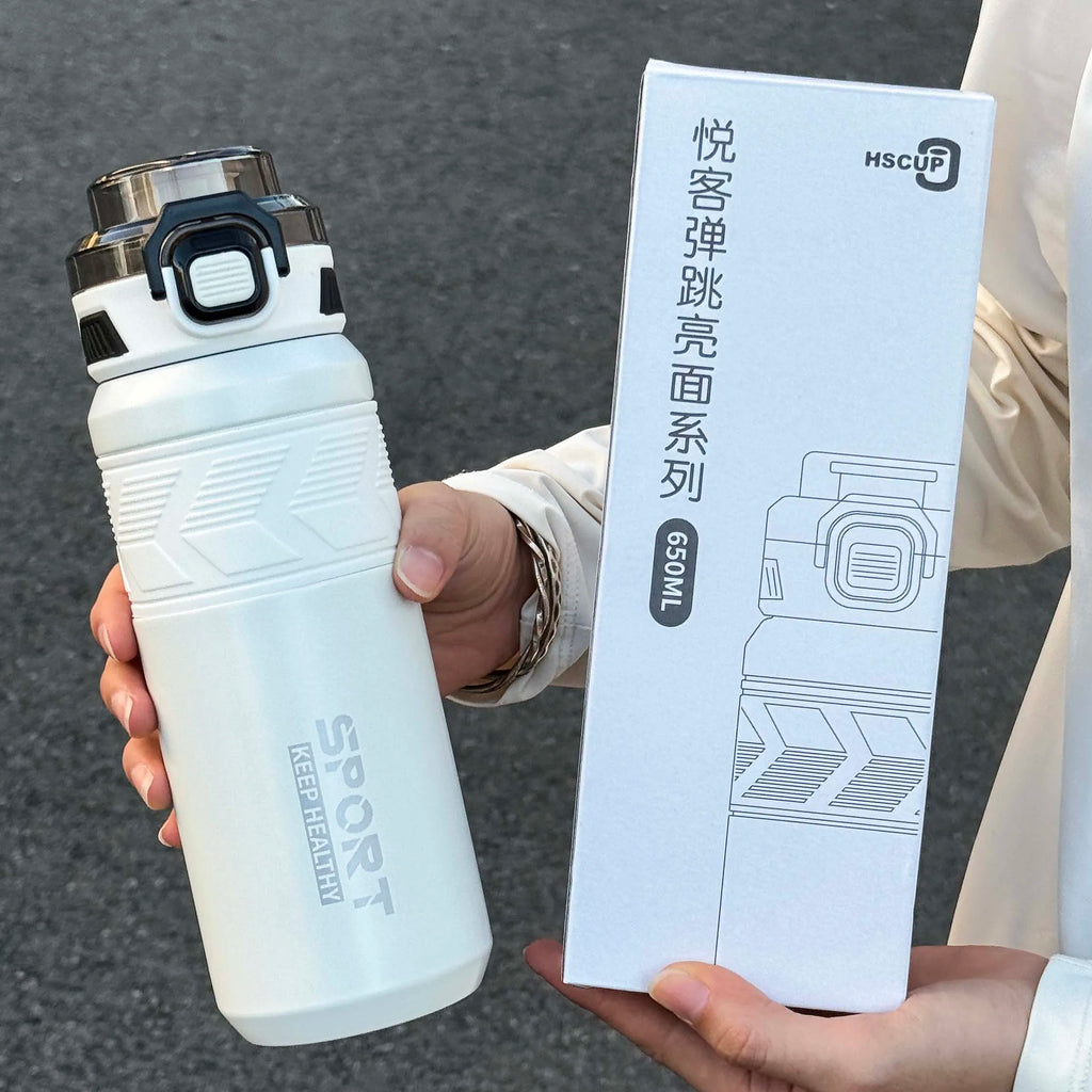 1pc trendy stainless steel thermos cup 650ml, fashionable dual-drinking thermal water bottle, portable with handle for outdoor