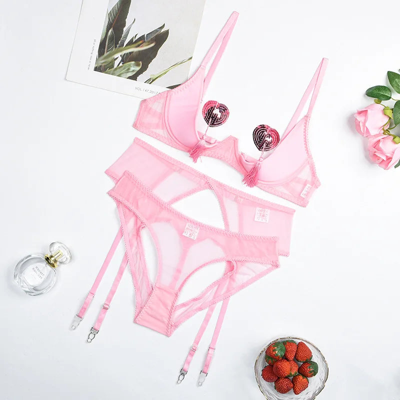 Bra Set Breast revealing deep V-shaped binding strap tassel hollow out sexy lingerie sexy set diamond girl bra and panties sets
