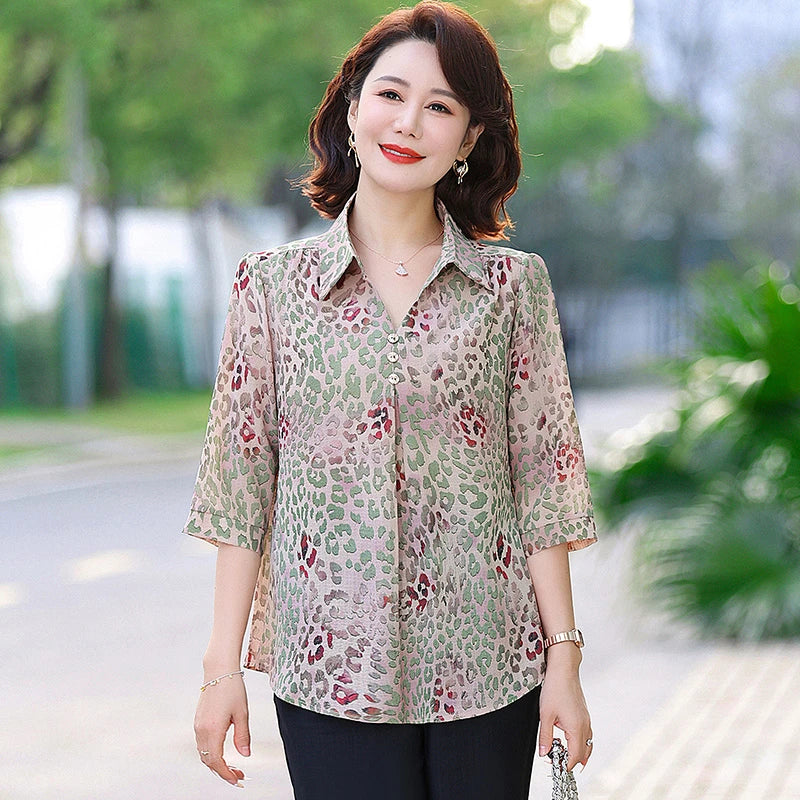 Summer Plus Size Shirt For Women's 2025 Printed Loose Top Mulberry Silk Blended Vacation Work Women's Clothing