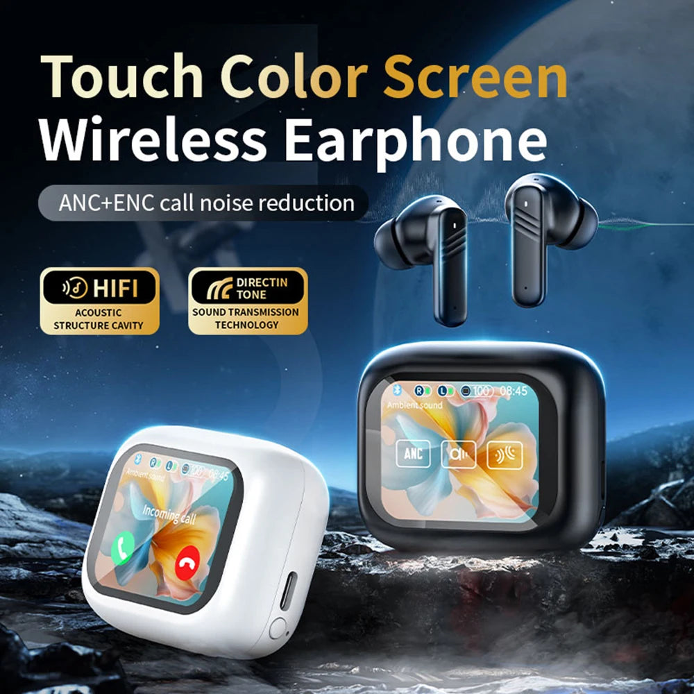 Bluetooth 5.4 ANC Headset Color Screen Touch Active Noise Cancellation Earbuds HIFI Stereo Sports Waterproof Earphones