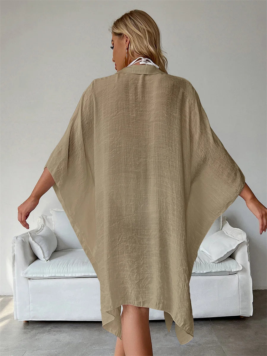 Summer Casual  Sunscreen Beach Dress Woman Bikini Cover-up Swimsuit Solid Sexy Beachwear Loose Cardigan Sun Protection Dresses
