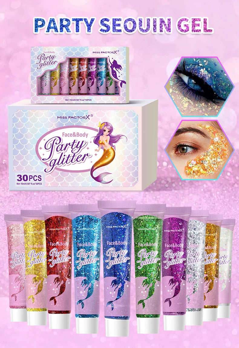 10 piece body glitter gel, carnival face glitter cosmetics suitable for women, shiny thick hair glitter, carnival accessories fo
