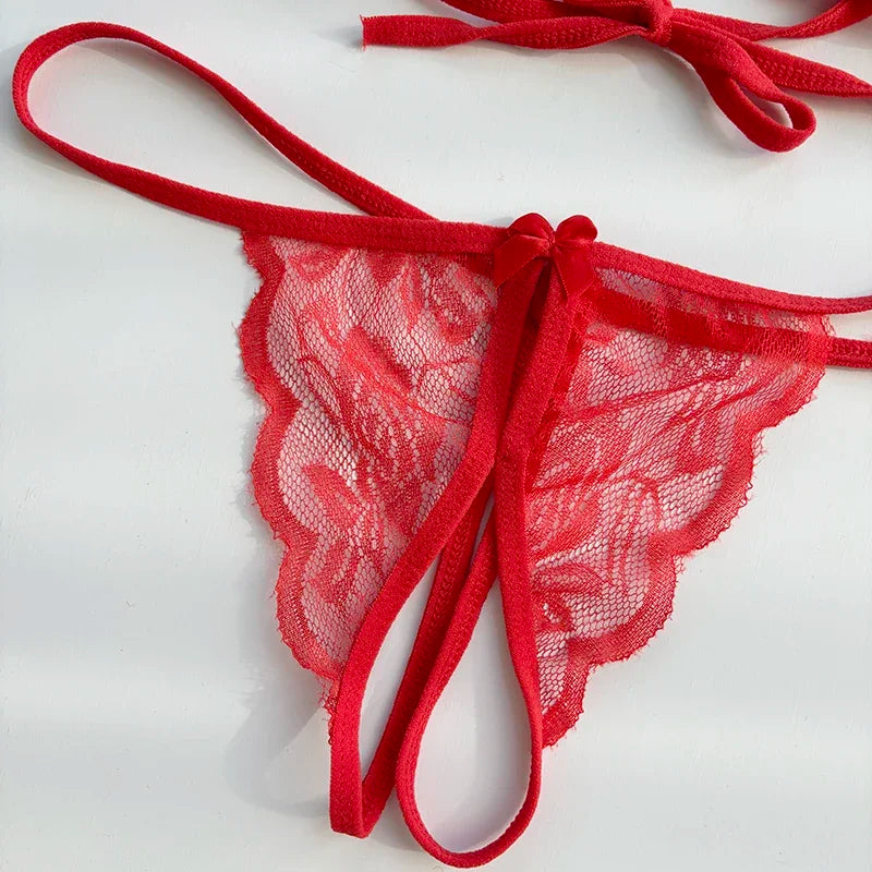 Sexy Lace-up Lingerie Set Women Hot Open Crotch Transparent Sexy Bra and Panty Sets Sex Temptation Erotic Couples Date Underwear