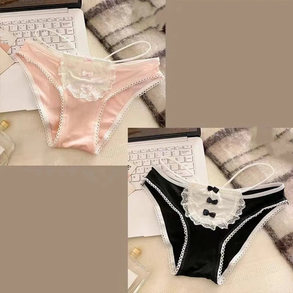 Lingerie Bow Lace Flower Panties Transparent Mid Waist French Style Briefs Seamless Hollow Women Underwear Girl