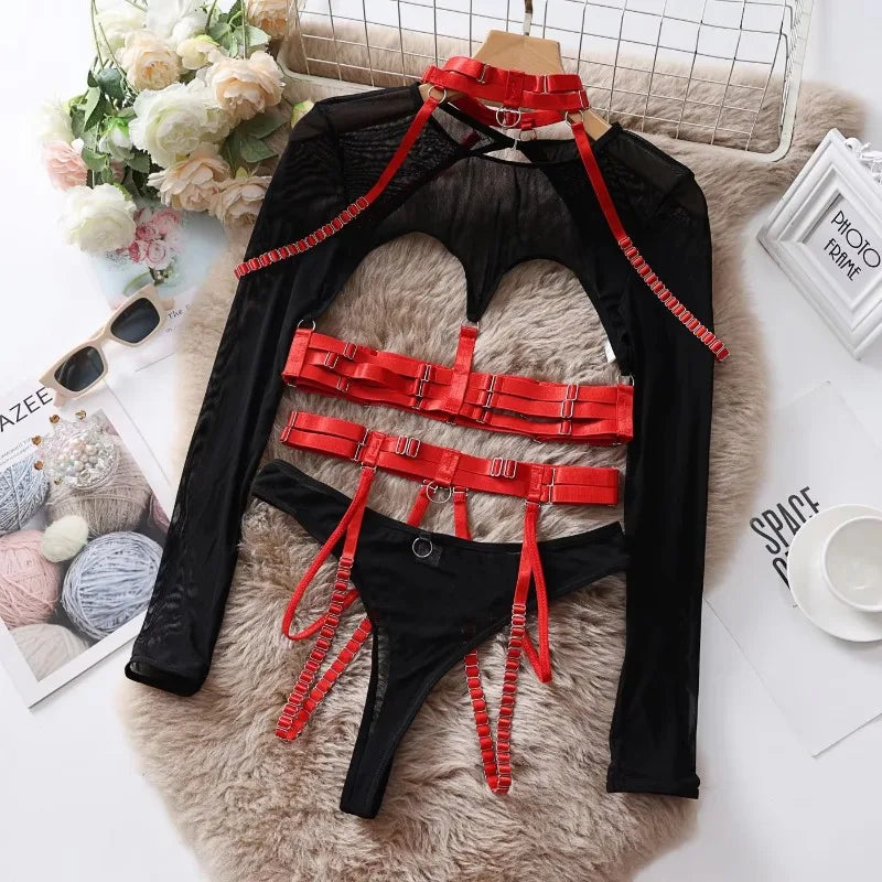 Lingeries Sexy Hot 4pcs Sexy Lingerie Sets Erotic Costumes Bandage Strap Blets Mesh Splicing Hollow Tee Tops Panty with Garter