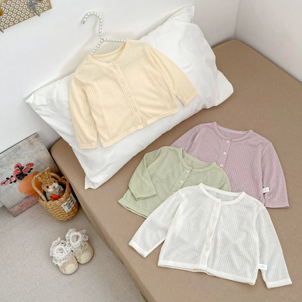 Summer Baby Girl Sunscreen Shirt Solid Color Simple Round Neck Air Conditioning Cardigan Lightweight Breathable Girl's Coat