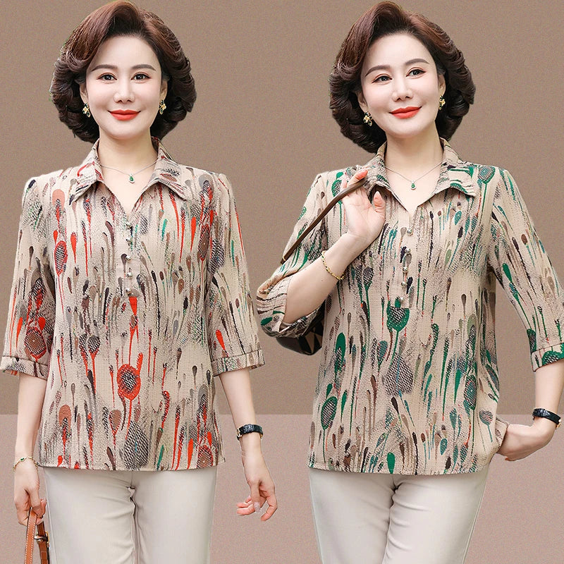 Summer Plus Size Shirt For Women's 2025 Printed Loose Top Mulberry Silk Blended Vacation Work Women's Clothing