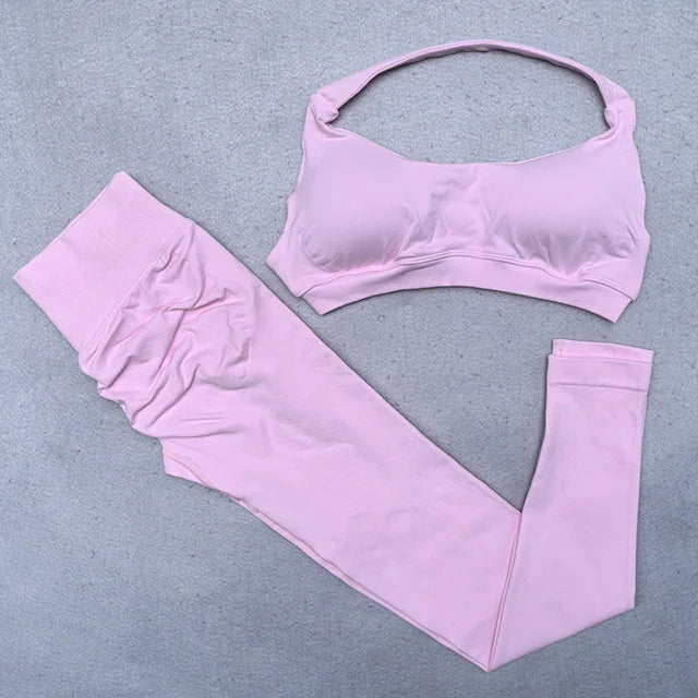 2 Pieces Yoga Set Women Seamless Scrunch Leggings Set Halter Sports Bra Fitness Gym Set Workout Clothes Sportswear