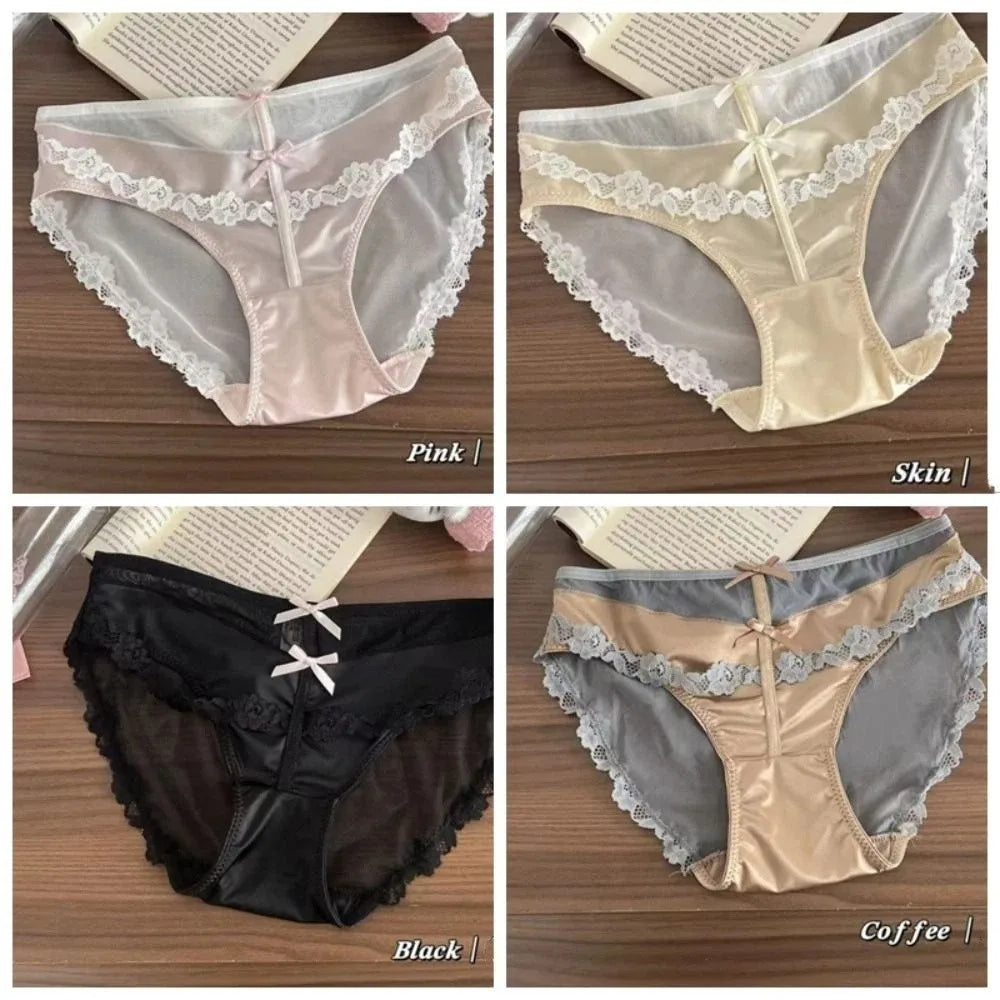 Lingerie Bow Lace Flower Panties Seamless Transparent Underwear for Women Patchwork Mid Waist Mesh Lace Briefs Girl