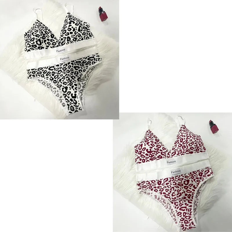 1/2/3/4Set Women Seamless Bra Set Low Waist Panties Leopard Bralette Sexy Vneck Sport Brassiere Female Cotton Underwear Set