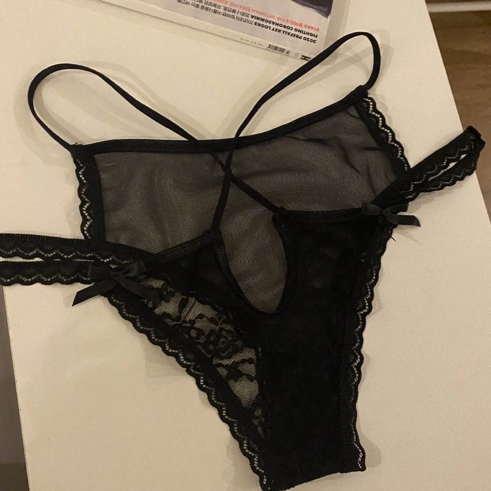 Lingerie Bow Lace Flower Panties Transparent Hollow Lace Mesh Briefs Low Waist Thin Strap Women Underwear Girl