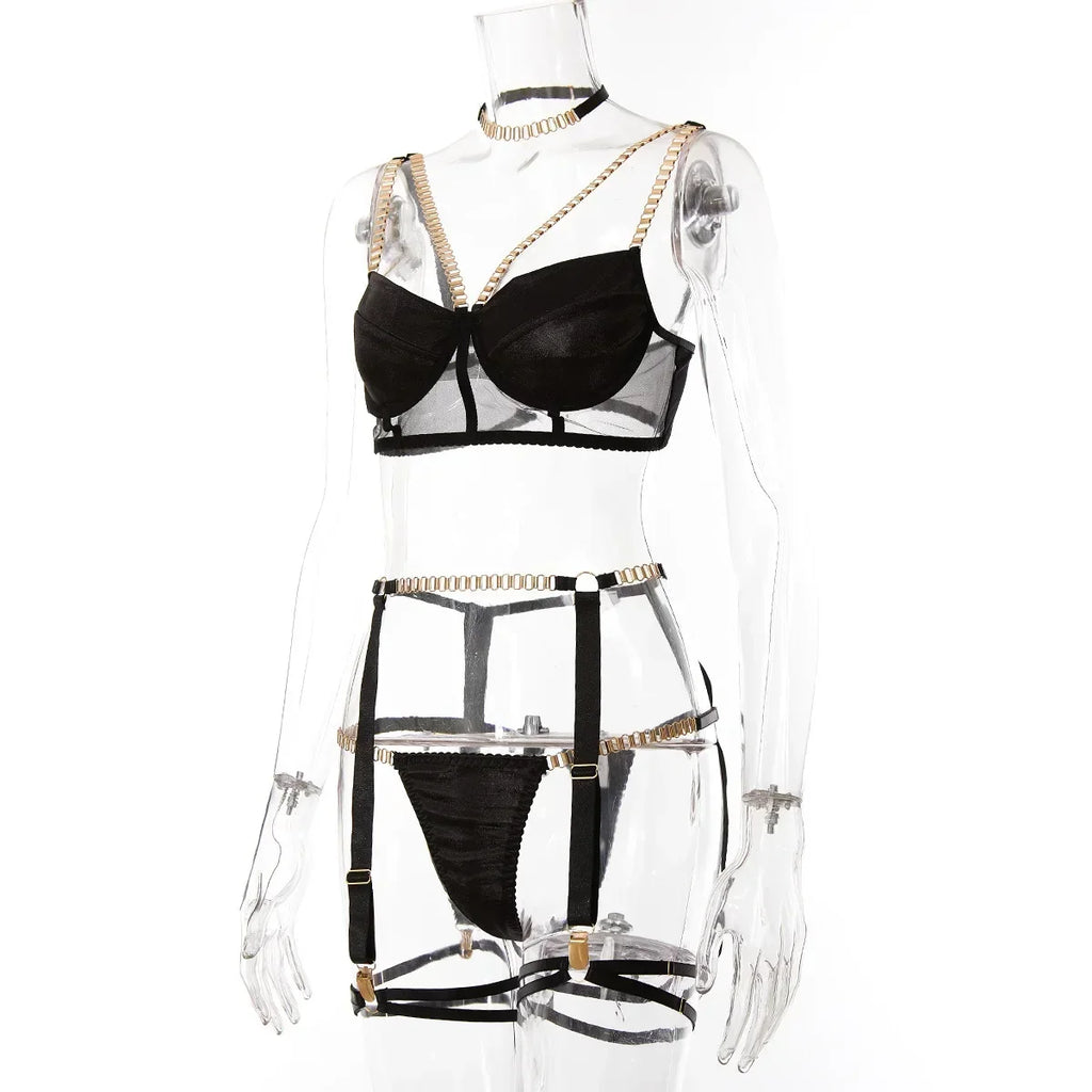 Bra Set Women Underwear Sexy Lingerie Chain Straps Bras with Panties and Garter Leg Ring Sensual Sets Intimate Langerie