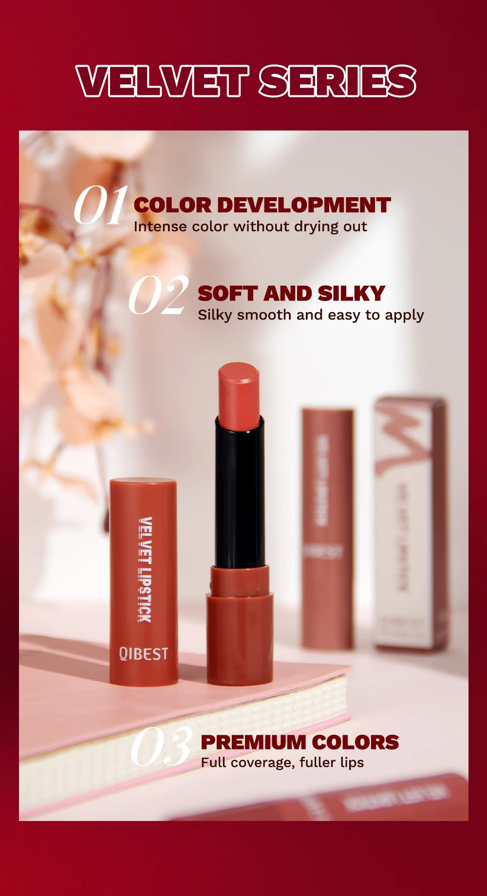QIBESTNatural Velvet Matte Lipstick Long-lasting 10 Color Lip Stain Lightweight Moisturizing Lip Balm Women Makeup New Lip Tint