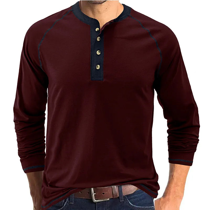 Summer  Autumn Men's American Heavy Cotton Henry Shirt  Long Sleeve Fitness Tough Guy T-Shirt Casual  T Shirt for Men Clothing